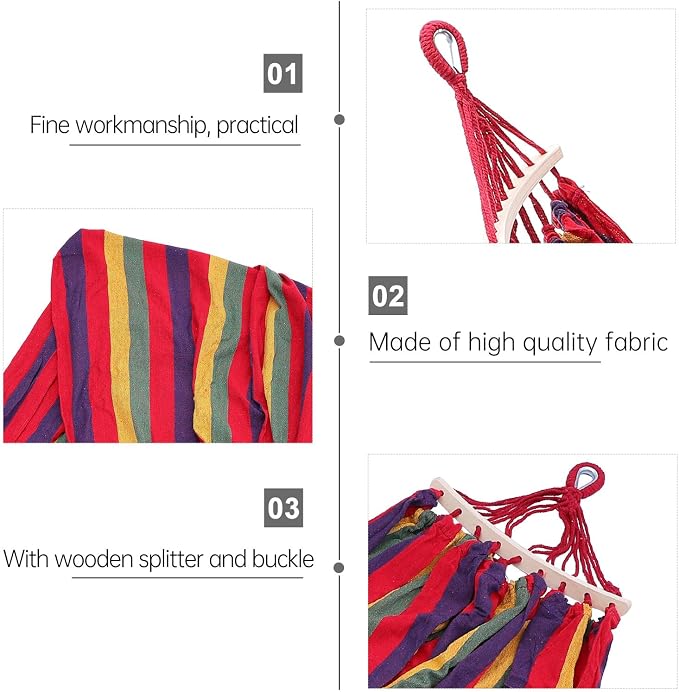 KALLORY Outdoor Striped Canvas Camping Hammock with Curved Rod and Duckbill Buckle, Single Portable Travel Hammock 190x150cm with Hanging Ropes and Storage Bag for Hiking and Backyard Use