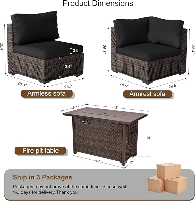7-Pieces Patio Furniture Sets Outdoor Sectional Sofa with 44'' Propane Rattan Wicker Firepit Table, Patio Sectional Conversation Set with Cushions for Backyard, Poolside, Garden Black