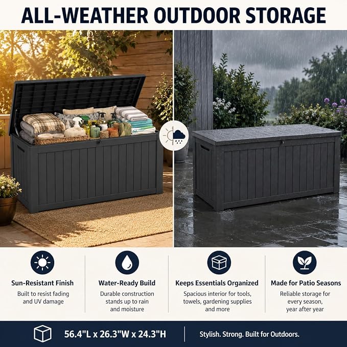 Outdoor Deck Patio Storage Box - 140 Gallon Large Outdoor Deck Box, Plastic Storage Bin with Lid, Outside Toy Box & Pool Storage Container for Cushions, Garden Tools, Towel, Black