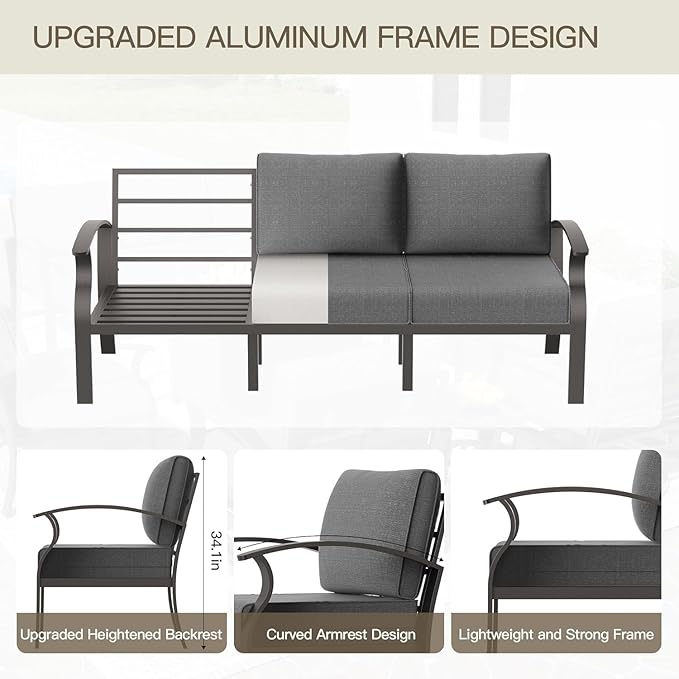 Aluminum Patio Furniture Set,7 Seats Outdoor Sectional with 2 Round Coffee Tables,Patio Conversation Sets w/5.1" Upgraded Thick Cushions for Backyard, Garden and Poolside,Grey
