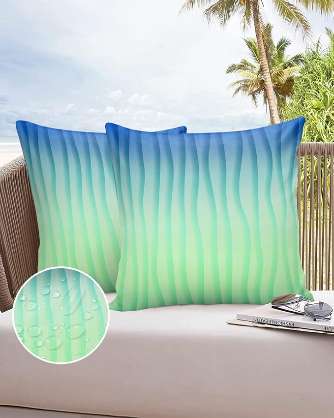 Outdoor Waterproof Pillow Covers Set of 2, Simple Abstract Geometric Blue Green Gradient Lines Patio Throw Pillow Covers, Decorative Cushion Case for Couch Sofa Furniture Garden, 24x24 Inch