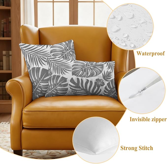 Grey Palm Leaves Outdoor Pillow Covers 18"x18" Set of 2, Tropical Botanical Minimalist Modern Waterproof Throw Pillow Covers for Patio Furniture, Decorative Cushion Covers for Porch