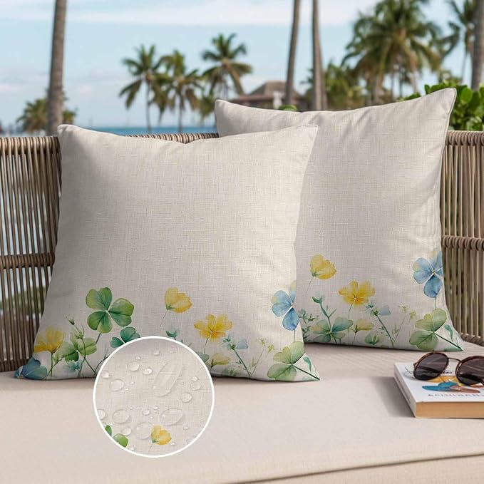 Spring Green Clovers Outdoor Waterproof Throw Pillow Covers Set of 2, 26"x26", Watercolor Yellow Blue Lucky Shamrock Leaf Linen Decorative Pillow Covers Outside Cushion Case for Patio Porch Garden