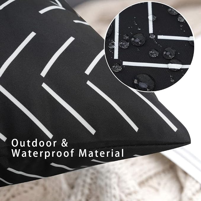 Adabana Geometric Waterproof Outdoor Pillow Covers 18x18 Black and White | Set of 2 Waterproof Design for Patio, Porch, Garden and Beach Decor