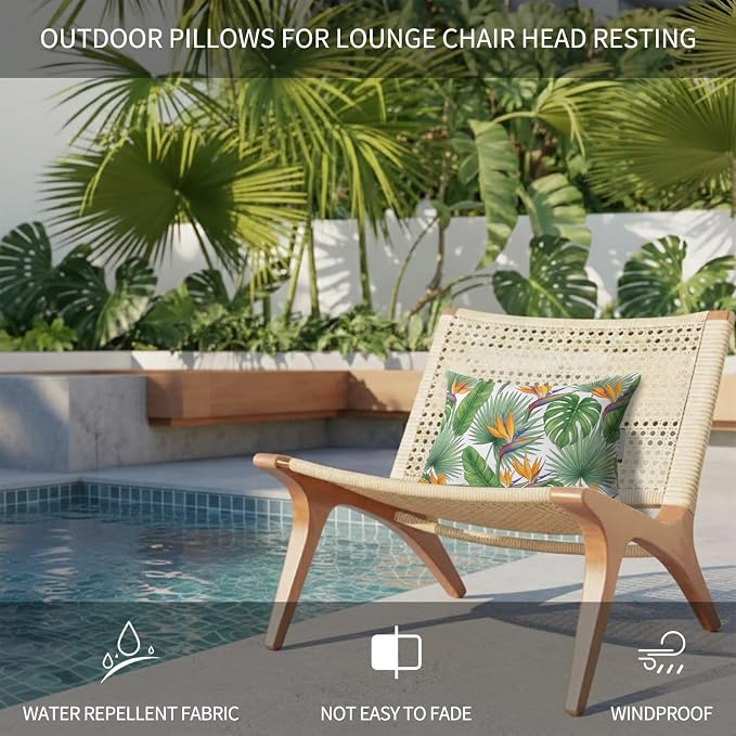 Outdoor Chair Pillow Headrest for Patio Pool Chaise Lounge, Summer Tropical Plants Recliner Head Pillow, Watercolor Palm Leaves Green Waterproof Pillowcases Neck Lumbar Pillows & Insert 11x16x2pcs