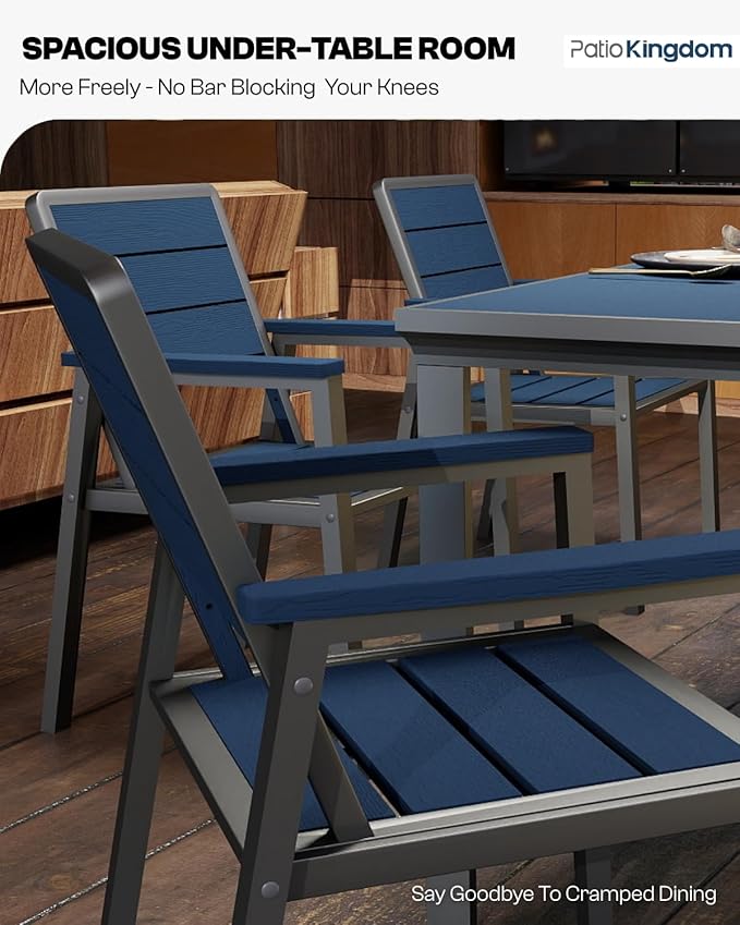 7-Piece Patio Dining Set with 11FT Umbrella, Aluminum & HDPE Outdoor Table and Chairs, Weather-Resistant All-Season Backyard, Deck & Patio Dining Furniture with 2" Umbrella Hole (Navy)