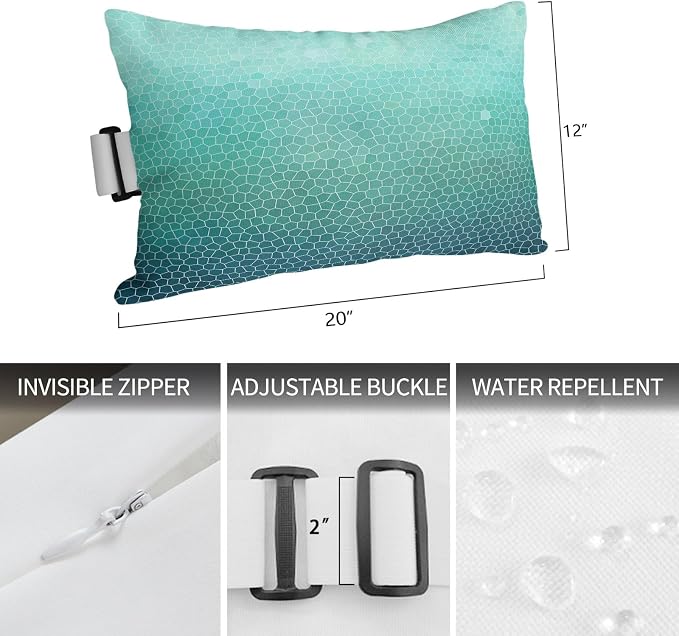Chaise Lounge Headrest Pillow 1 Pack, Turquoise Ombre Waterproof Chair Pillows with Insert & Adjustable Elastic Strap for Beach Pool Recliner, Geometric Stained Glass Outdoor Patio Pillow