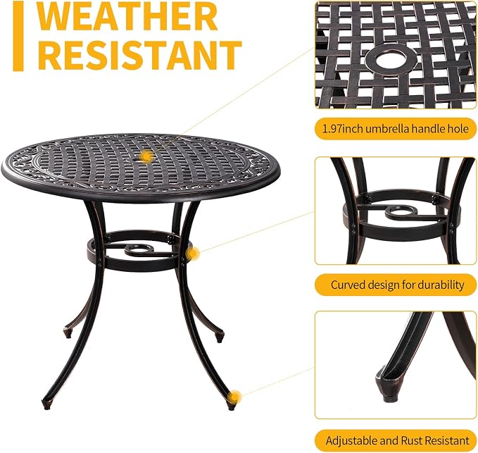 5 Pieces Outdoor Patio Dining Set, 36" Metal Outdoor Dining Set with 1.97" Umbrella Hole, Anti Rust Patio Furniture Set with 4 Chairs and Round Table for Garden, Porch and Poolside, Bronze