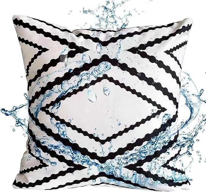 Pack of 4 Waterproof Outdoor Indoor Throw Pillow Covers 18x18 Inches Boho Black White Pillowcases Double Side Printed Cushion Covers for Garden Patio Furniture Sunbrella Sofa Couch, 45X45 cm