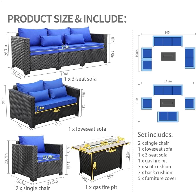 5-Piece Outdoor Patio Furniture Set with 45-Inch Steel 60000 BTU Propane Fire Pit Table, Patio Couch, Chairs, Non-Slip Cushions, Waterproof Covers for Backyard, Garden, and Outdoor Lounge Areas(Blue)