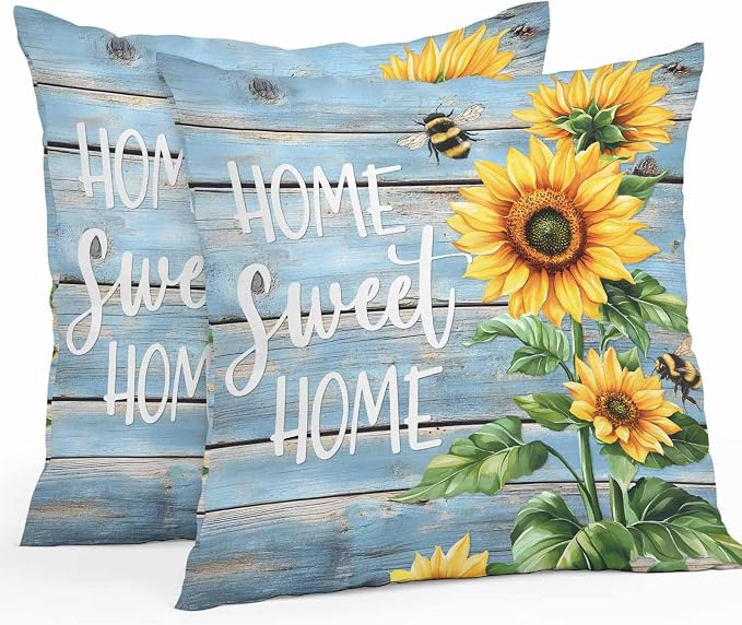 Throw Pillow Covers 24x24 Inch Set of 2, Spring Sunflower Waterproof Outdoor Pillow Covers, Bee Wooden Grain Country Rustic Decorative Cushion Pillowcases for Couch, Sofa, Bed, Garden, Patio