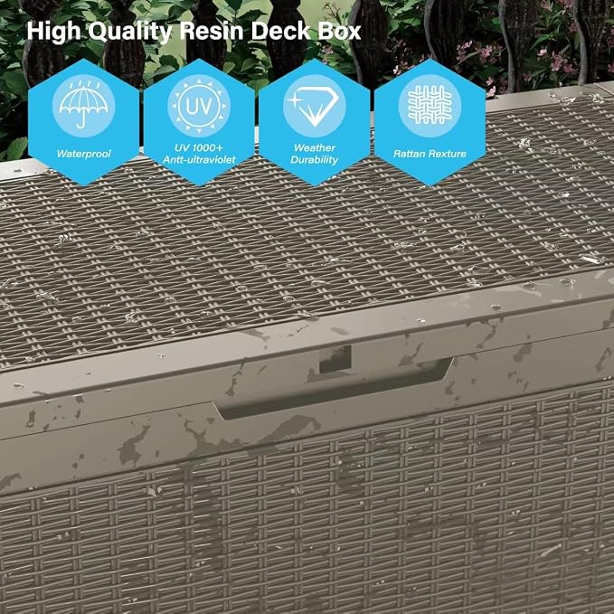 105 Gallon Waterproof Large Resin Deck Box Indoor/Outdoor Lockable Storage Container and Seating for Garden, Pool, and Patio