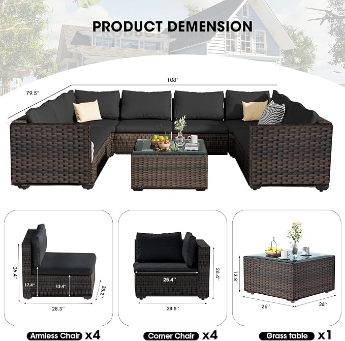 9 Piece Patio Furniture Set All Weather PE Rattan Outdoor Sectional Sofa Couch with No-Slip Cushions and Glass Top Table for Garden, Poolside, Backyard (Black)