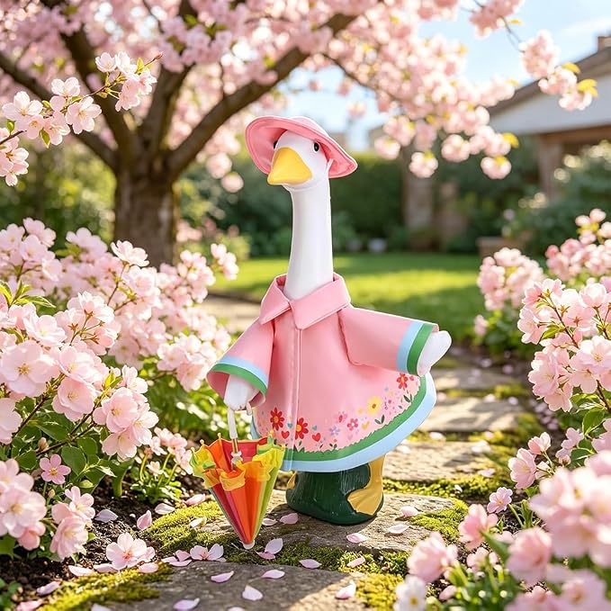 Raincoat Porch Goose Outfits with Umbrella Hat, Goose Spring Outfit Lawn Goose Raincoat Clothes Costume Fits 23" Geese Statue, Summer Garden Lawn Patio Yard Outdoor Decor (Raincoat-pink flower)