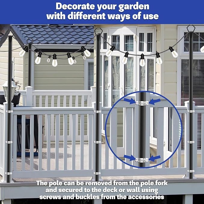 2 Pack 10 ft Heavy Duty Metal String Light Poles Adjustable Outdoor Lighting Stand for Patio,Backyard,Garden,Party & Wedding Rustproof & Sturdy with Hooks