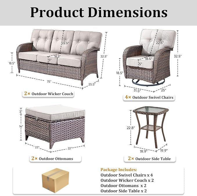 10-Piece Wicker Patio Furniture Set with 5-Inch Thick Cushions Weather Resistant Rattan High Back Swivel Rocker Chairs Senior Friendly Conversation Set for Small Porch Deck Sunroom Brown/Beige