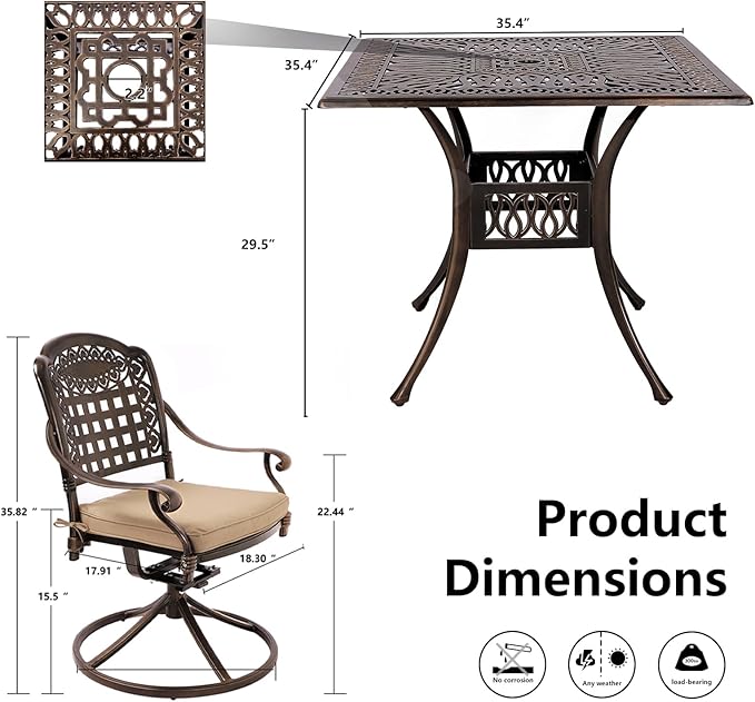 Grepatio 5 Piece Cast Aluminum Patio Dining Set Outdoor Furniture Set with 4 Mesh Swivel Rocker Ding Chairs, 4 Cushions and 35.4" Square Patio Table with 2.4"Umbrella Hole, Antique Bronze (Grid Khaki)