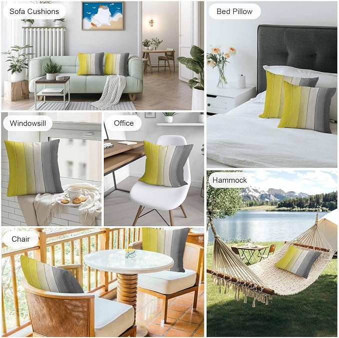 Throw Pillow Covers 16x16 Inch Set of 2, Yellow Gray Ombre Waterproof Outdoor Cushion Covers, Vintage Country Wooden Decorative Pillowcases for Couch, Sofa, Bed, Garden, Patio