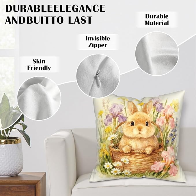 Easter Pillow Covers Lovely Flowers Bunny Throw Pillow Covers 20x20 Watercolor Rabbit with Iris Daisy Floral Pillow Cases Easter Decorations for Home Outdoor Spring Decor 2 Pack
