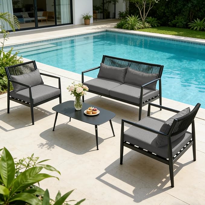 Outdoor Patio Furniture Set, 4 Seats Outdoor Sectional with Coffee Table, Patio Conversation Sets with PE Rope, Outdoor Sectional Sofa with Thick Cushions for Balcony, Porch (Dark Gray)