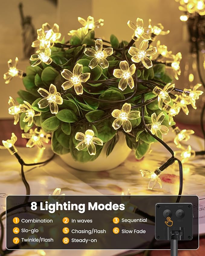 Brightown 60 LED Solar String Lights Flower Outdoor Waterproof Fairy Lights for Garden Yard Fence Patio Christmas Tree Wedding Party Decor, Warm White