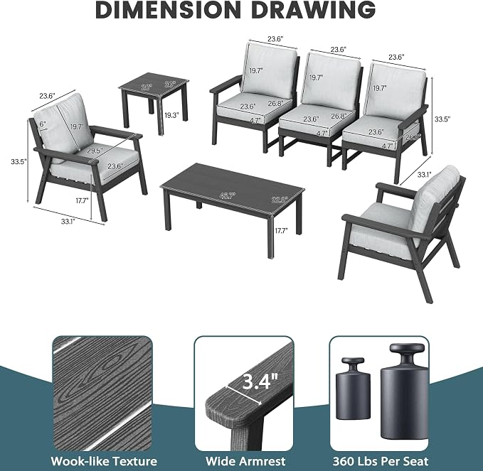 Ayge AYGEHDPE Patio Furniture Set,7 Piece Sectional Outdoor Furniture Set, All Weather Outdoor Couch Set Patio Conversation Set for Deck, Lawn, Grey