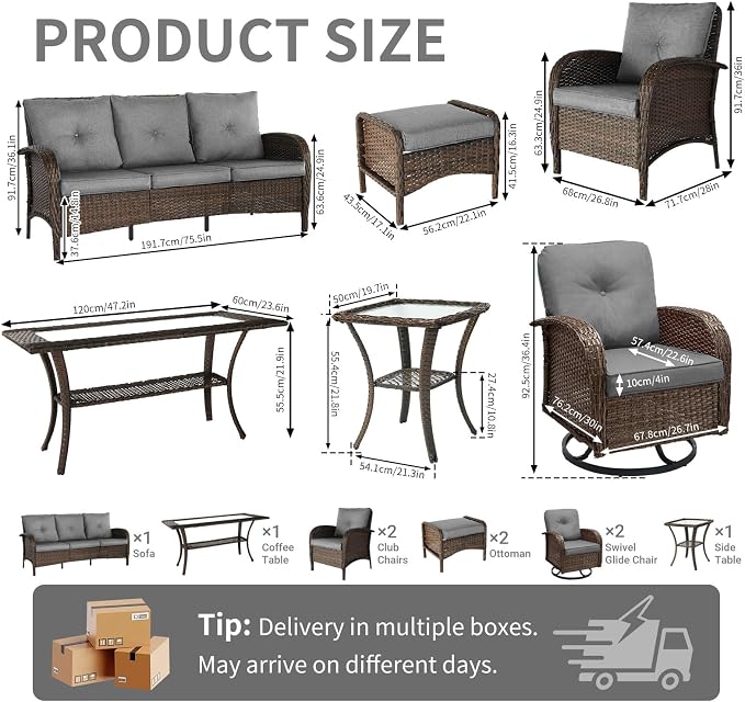 All Weather Patio Furniture Set, High Back Swivel Rocker Glider Chairs，Ottomans & Glass Tables, Outdoor Conversation Set for Deck Porch Yard Poolside (Grey, 9PCS-Swivel Chairs&Chairs&Sofa&Tables)