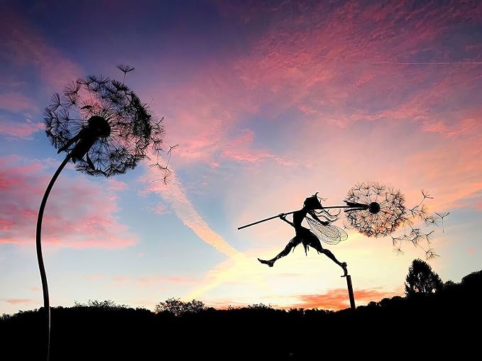 Fcteap Flower Fairy Dancing with Dandelion Garden Art Sculpture Stainless Steel Statue Christmas Halloween Decoration for Outdoor Yard Courtyard Lawn Patio Metal Ornaments (Long Travel)