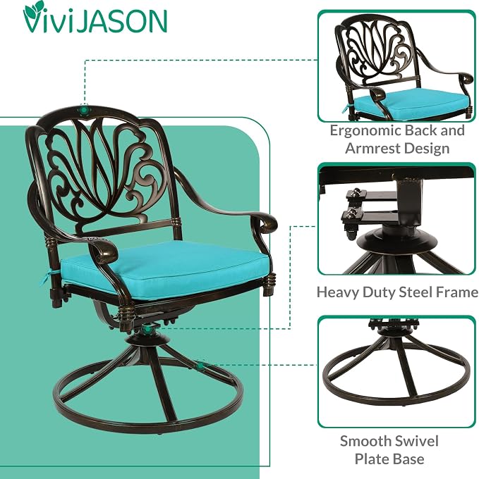 VIVIJASON 9-Piece Outdoor Dining Set, Cast Aluminum Patio Furniture Table & Chairs Set, Include 94.5" Rectangular Table, 2 Swivel Rockers, 6 Stationary Chairs, Umbrella Hole, Ocean Blue Cushion