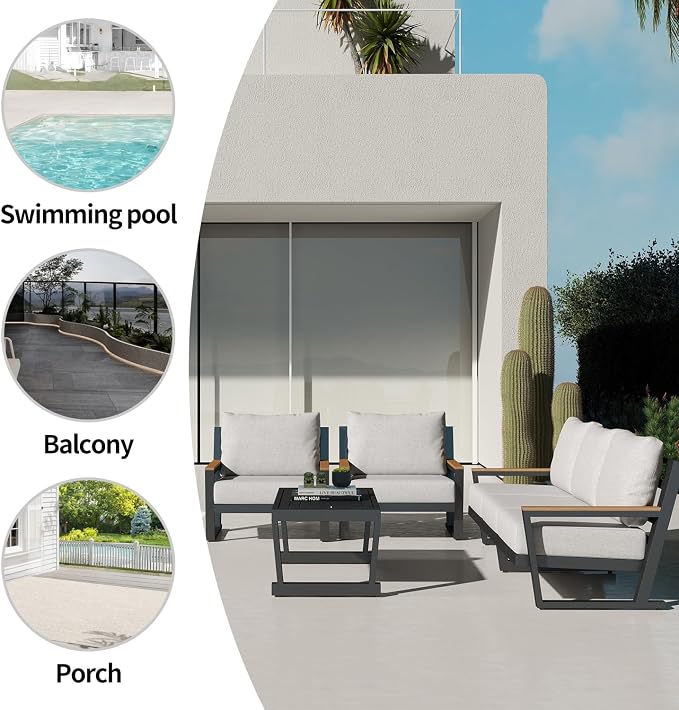 Aug-guan Aluminum Outdoor Sofa,5 Seats Modern Patio Furniture Set,Sectional Sofa Conversation Set with Coffee Table, Upgraded Washable Cushions for Garden Backyard,Grey