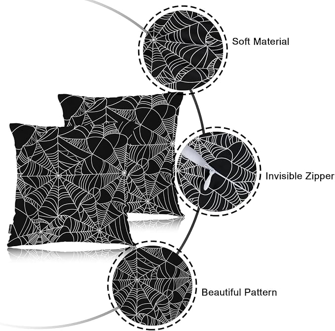 Swono Couch Pillow Cover Set of 2 Spider Web, Horror Halloween Spiderweb Decorative Throw Pillowcase Cushion Cover 18 X 18 Inch Throw Pillows Covers for Sofa Bedroom Car Living Room, Black White