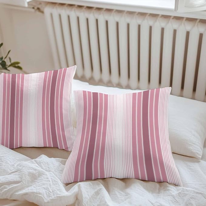 Outdoor Waterproof Throw Pillow Cover, Farmhouse Watercolor Pink Gradient Line Decorative Pillows Cushion Covers, Rustic Ombre Striped 2 Pack Pillow Cases for Patio Garden Balcony Couch Sofa 24x24in