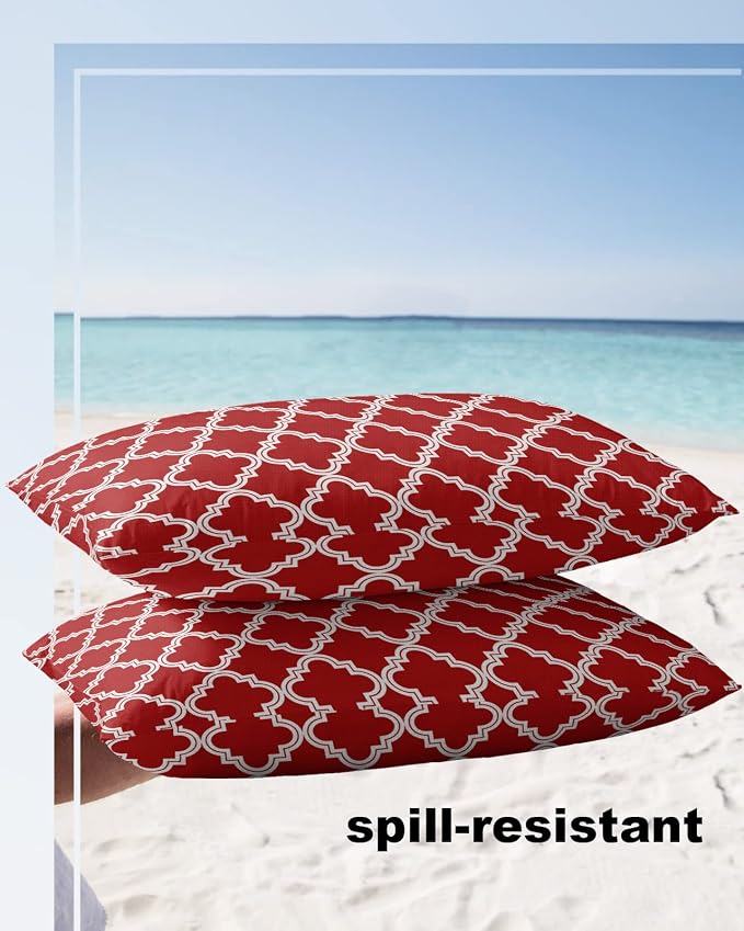 Outdoor Waterproof Pillow Covers for Patio Furniture Moroccan Pattern Decorative Throw Pillow Cover Geometric Trellis Red Pillowcases Set of 2 Cushion Case for Sofa Couch Chair Home Decor 20x12 inch