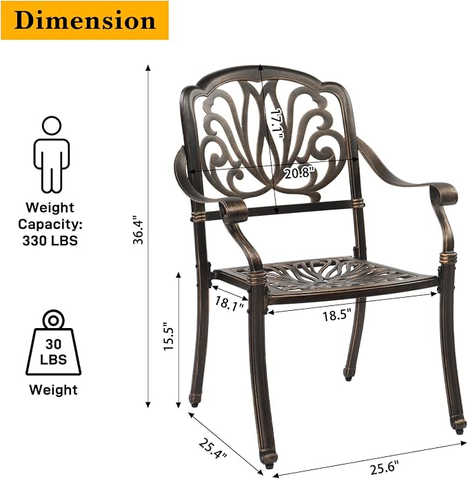 VINGLI 3 Pieces Outdoor Patio Table and Chairs Set with Umbrella Hole, Cast Aluminum Outdoor Dining Set with 2 Chairs and One Table for Yard, Garden, Porch and Poolside, Bronze