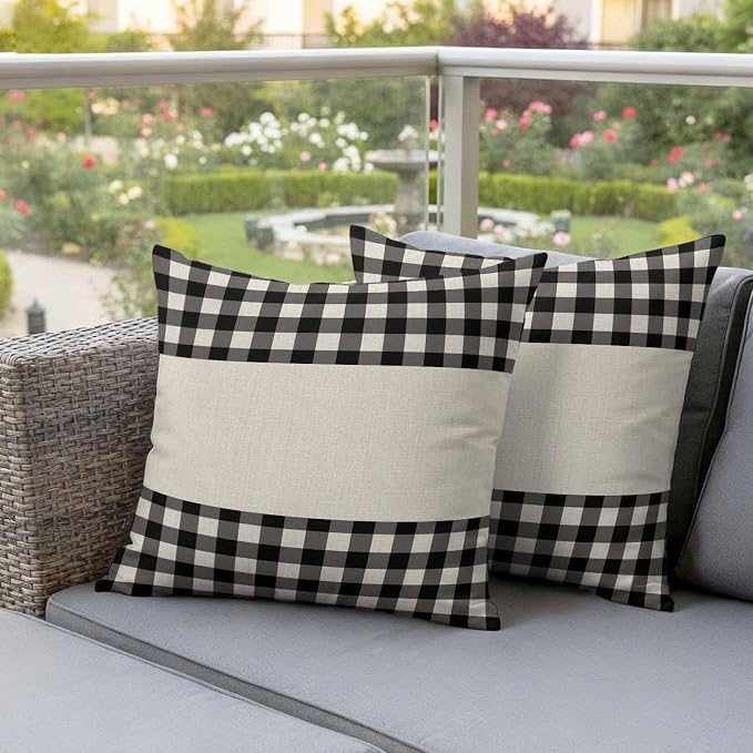 Retro Black Outdoor Waterproof Pillow Covers, Farmhouse Buffalo Plaid Vintage Beige Decorative Square Throw Pillowcase Sofa Cushion Sham for Patio/Couch/Chair, 20"x20" 2 Pack