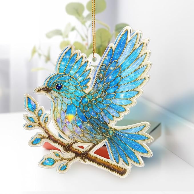 Blue Bird Stained Glass Ornament Acrylic Window Hanging Suncatcher – Bird Lover Gifts, Wildlife Animal Decor for Christmas Tree, Rearview Mirror, Garden, Home Accessories, Unique Gifts for WomenSun-17
