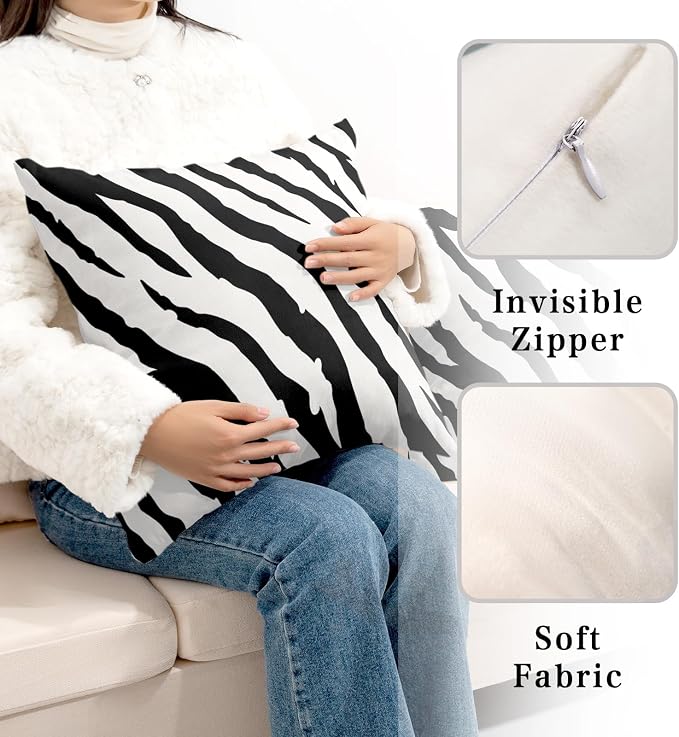 2 Pack Animal Print Throw Pillow Covers 24x24 Black and White Zebra Skin Pattern Pillow Covers Cotton Blend Modern Abstract Art Pillowcases Bedroom Living Room Home Decor