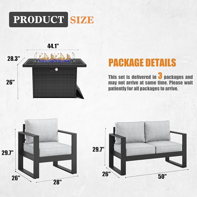 Outdoor Aluminum Furniture Set with Fire Pit Table - 4 Pieces Modern Patio Conversation Sets Metal Sectional Sofa Set