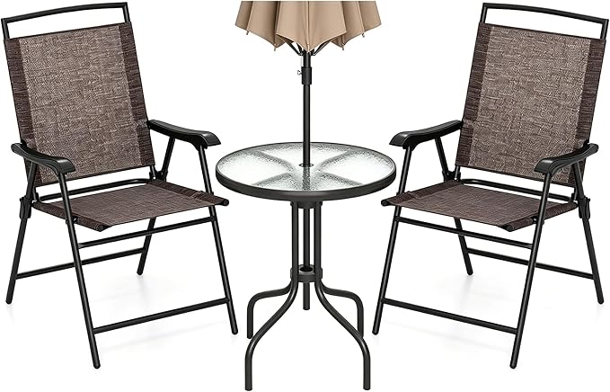DORTALA Outdoor Bistro Set 3 Piece, Small Patio Furniture Set with Round Table & Folding Dining Chairs, Umbrella Hole, Conversation Set for Balcony, Porch, Backyard, Deck