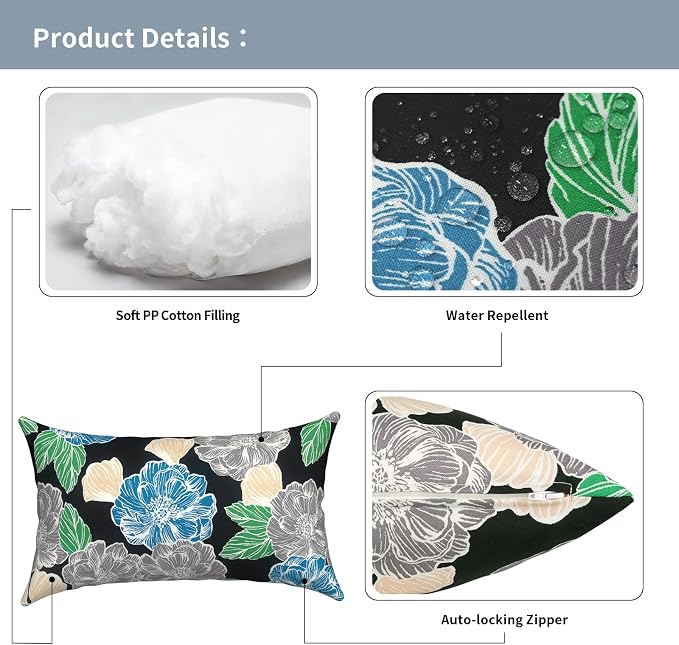 Outdoor Lumbar Pillows with Insert 12x20 Inch, Waterproof Throw Pillow for Patio Furniture, Decorative Lumbar Cushions for Garden Home Sofa Office Chair, Set of 2, Peony Garden