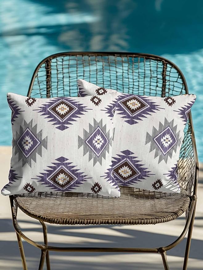Waterproof Outdoor Pillow Set of 2 Purple Boho Aztec Decorative Throw Pillows Cover & Insert 16x16 Inch Pillowcase Southwest Tribal Style Pillows for Couch Sofa Bed Patio Furniture Indoor Outdoor