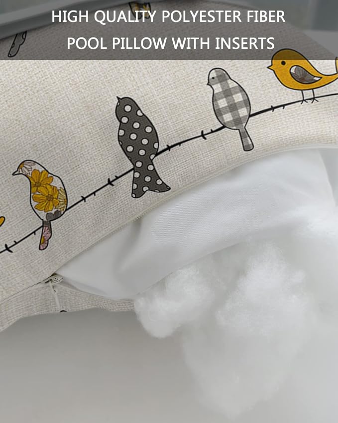 Outdoor Pillows Covers with Inserts Birds on the Wire Yellow Grey Orange Burlap Waterproof Pillow with Adjustable Strap Throw Pillows for Patio Furniture Recliner Lounge Chair, 11x16 inch, 1PCS