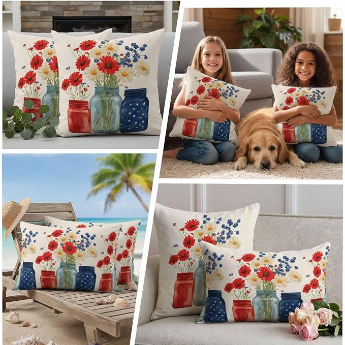 Independence Day Waterproof Outdoor Pillow Covers Set of 2 Home Decor, Red Blue Patriotic Poppy Flower Daisy Pillowcase Patio Pillow Covers for Couch Bench Furniture Garden 20x12in