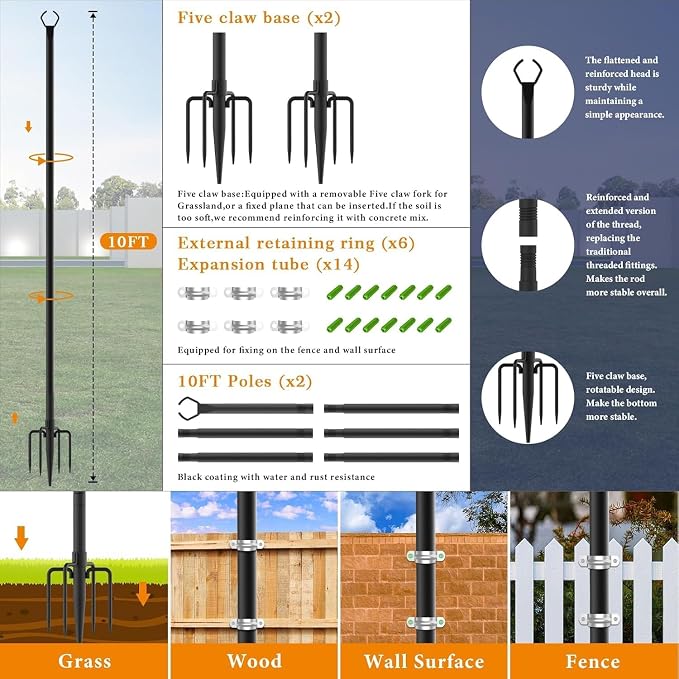 Mutovlin 4 Pack String Light Poles,10 Ft Light Poles for Outside String Lights,Outdoor Lights Pole with Fork,Metal Poles Stand for Patio Deck Backyard (10FT 4 Pack)