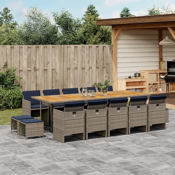 15 Piece Garden Dining Set, PE Rattan Patio Furniture with Acacia Wood Tabletop, Outdoor Cushioned Chairs and Stools for Backyard, Grey