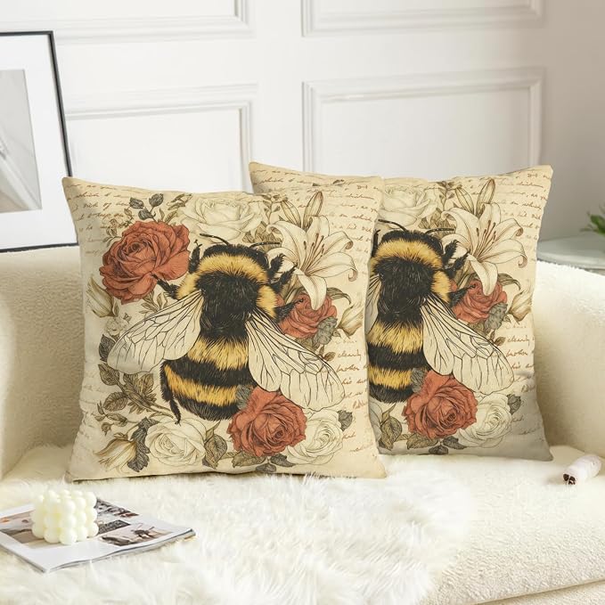 Vintage Bee Pillow Covers Spring Summer Throw Pillow Covers 18x18 Bumblebee with Rose Lily Flower Pillow Cases Retro French Script Honeybee Floral Cushion Cases for Home Sofa 2 Pack
