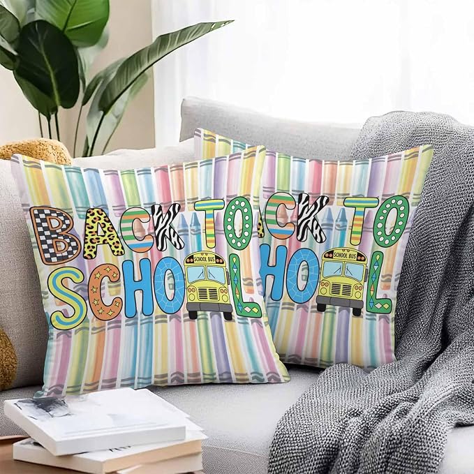 Outdoor Waterproof Throw Pillow Covers Set of 2 Back to School Pillowcases 16x16 Inches Crayon Truck School Season Decorative Pillows Cushion Case Patio Pillows for Couch Bed Chair Garden