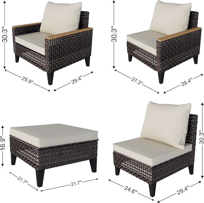 7 Pieces Patio Furniture Set, Outdoor Conversation Sets with Footstool, Wicker Rattan Sofa Couches Chairs Ottomans for Porch, Poolside, Deck, Balcony, Backyard, Yard, Garden (Beige Cushions)