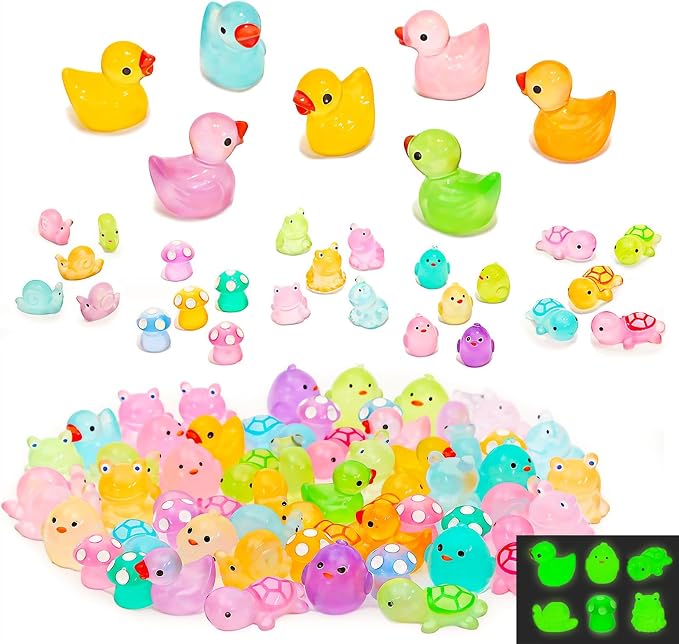 FEXIA 100 Pcs Mini Resin Ducks 6 Types Bulk to Hide Luminous Mini Resin Animals Glow in The Dark for DIY Garden Combination Sets for Micro Landscape Aquarium Party Decor