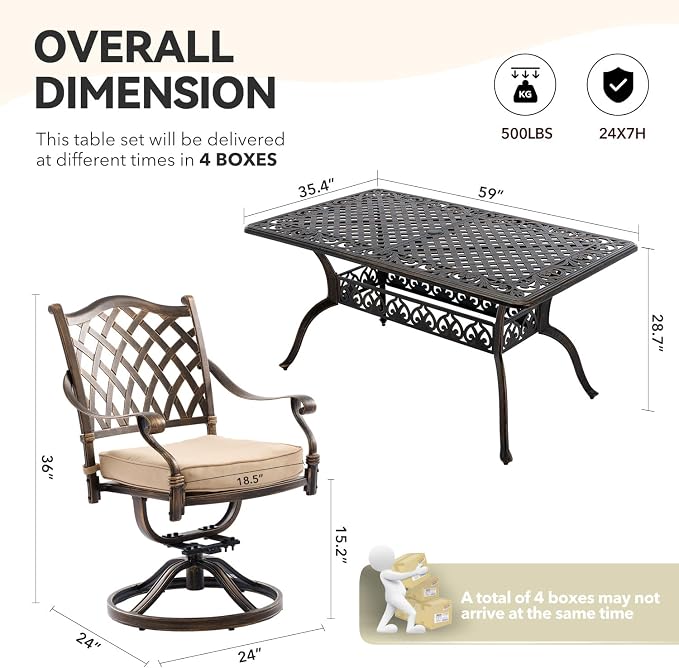 7 Piece Outdoor Dining Set Cast Aluminum Furniture Set, Retro Patio Dining Set for 6 includes 59” Table & 4 Stackable Chairs & 2 Swivel Chairs with Cushions and 2" Umbrella Hole for Patio Deck Garden